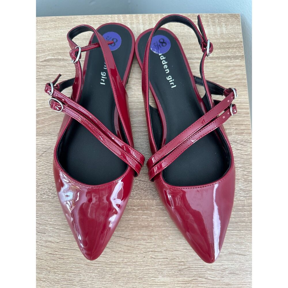 Madden Girl Red Vegan Patent Leather Pointed Toe Slingback Flat Shoe size 8.5